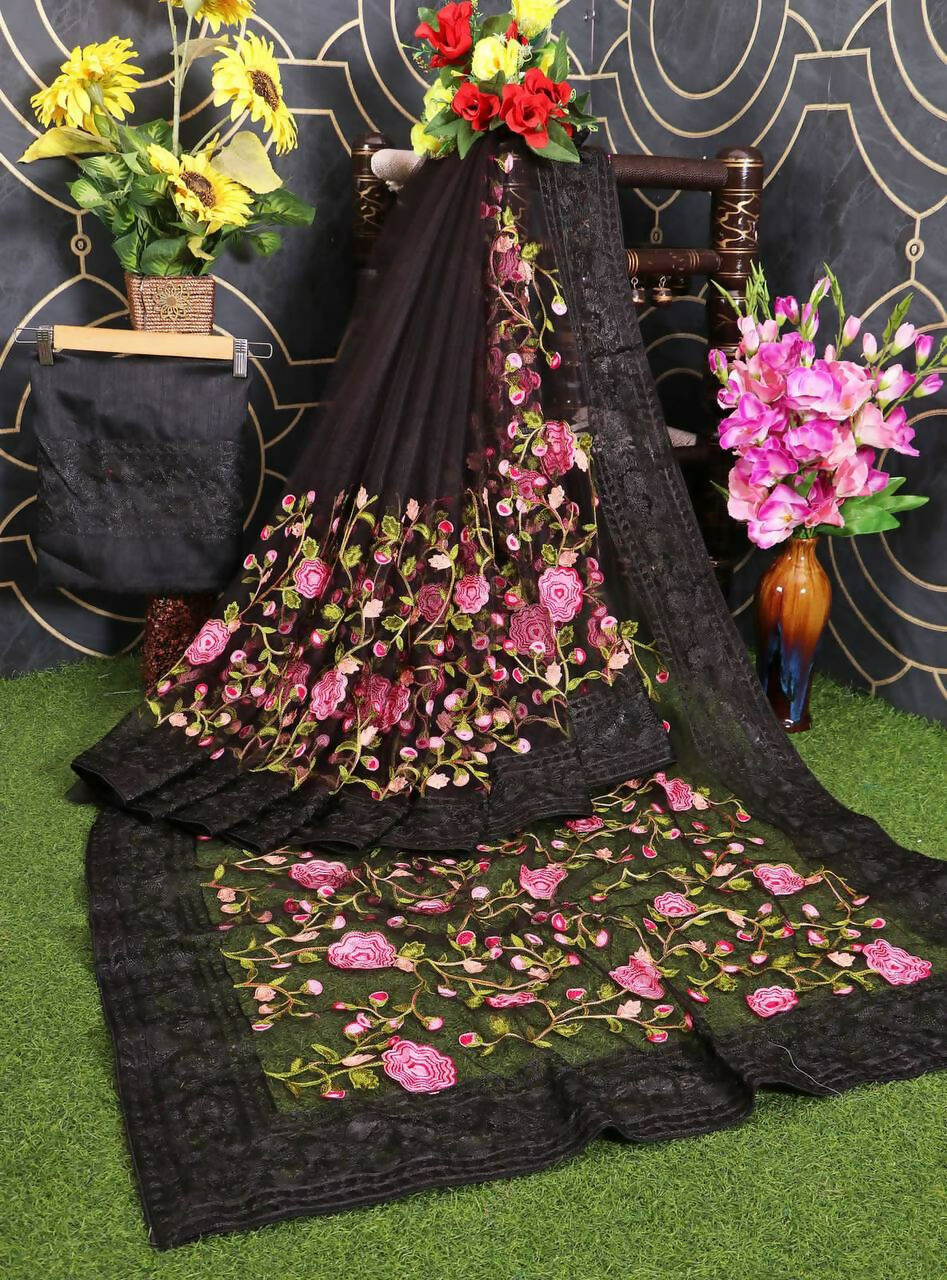 Teeya Creation Womens Latest Stylish Party Wear Soft Net Saree-Black