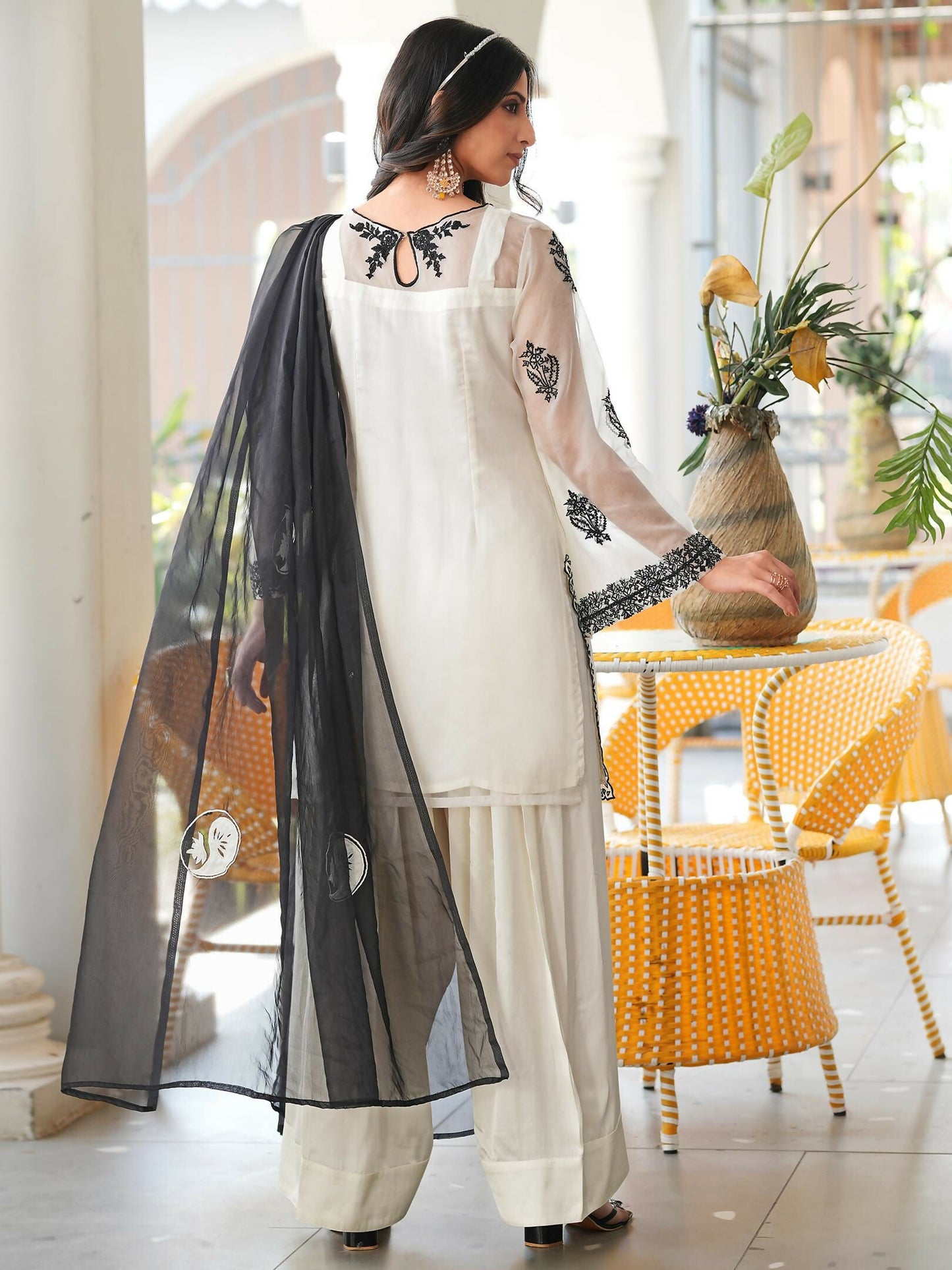 Nikhaar Cream Embroidered Organza Stitched Straight Cut Kurta Farshi Salwar Dupatta Readymade Suit