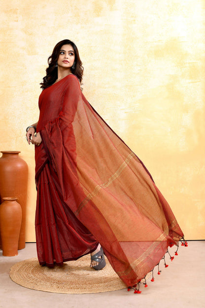 Piyari Fashion Women's Maroon Embellished Cotton Blend Zari Check Handloom Saree