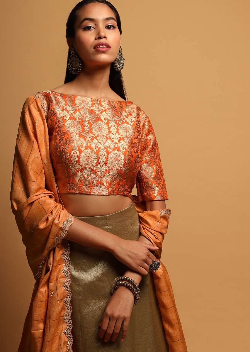 Tangerine Orange Blouse In Brocade Silk With Woven Floral Jaal And 3/4Th Sleeves Online - Kalki Fashion