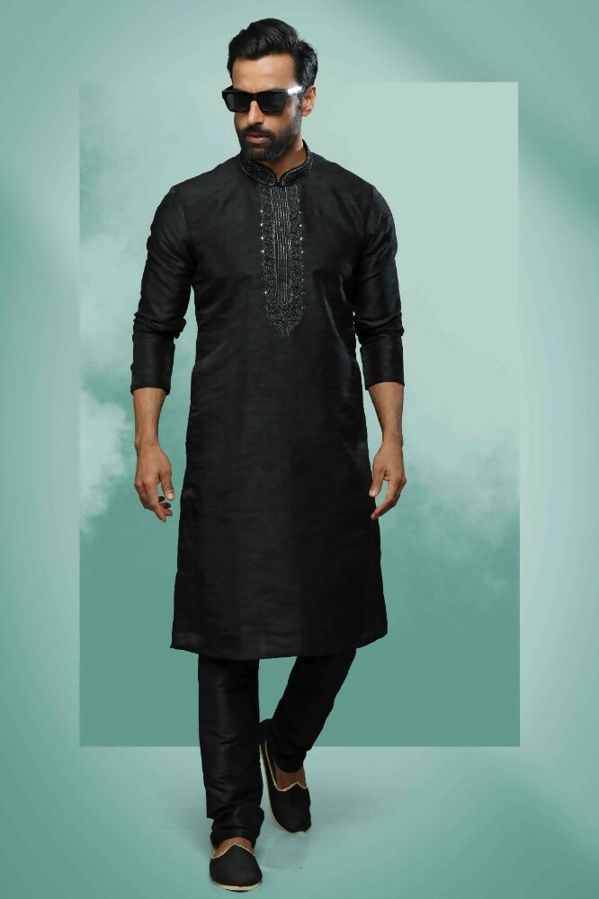 Raivat Ethnic Art Silk Mirror Embroidery Work Kurta Pajama In Black Colour