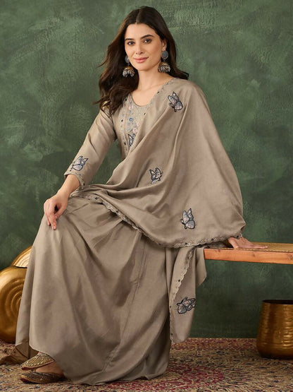 The52 Women's Gorgeous Embroidery Work Vichitra SIlk Fabric Flared Anarkali Pant and Dupatta Set