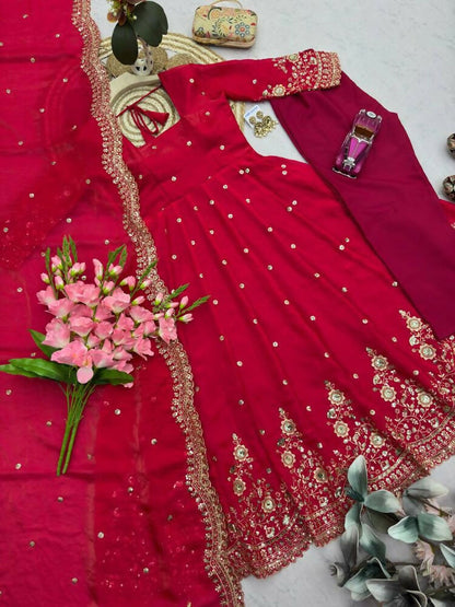Teeya Creation Womens New Latest Trendy Elegant Red Embroidered Anarkali Suit Set with Scalloped Dupatta