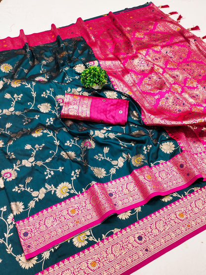 Mameraa Sarees Teal Blue Soft Silk Blend Saree With Zari Weaving Meenakari Design-Teal