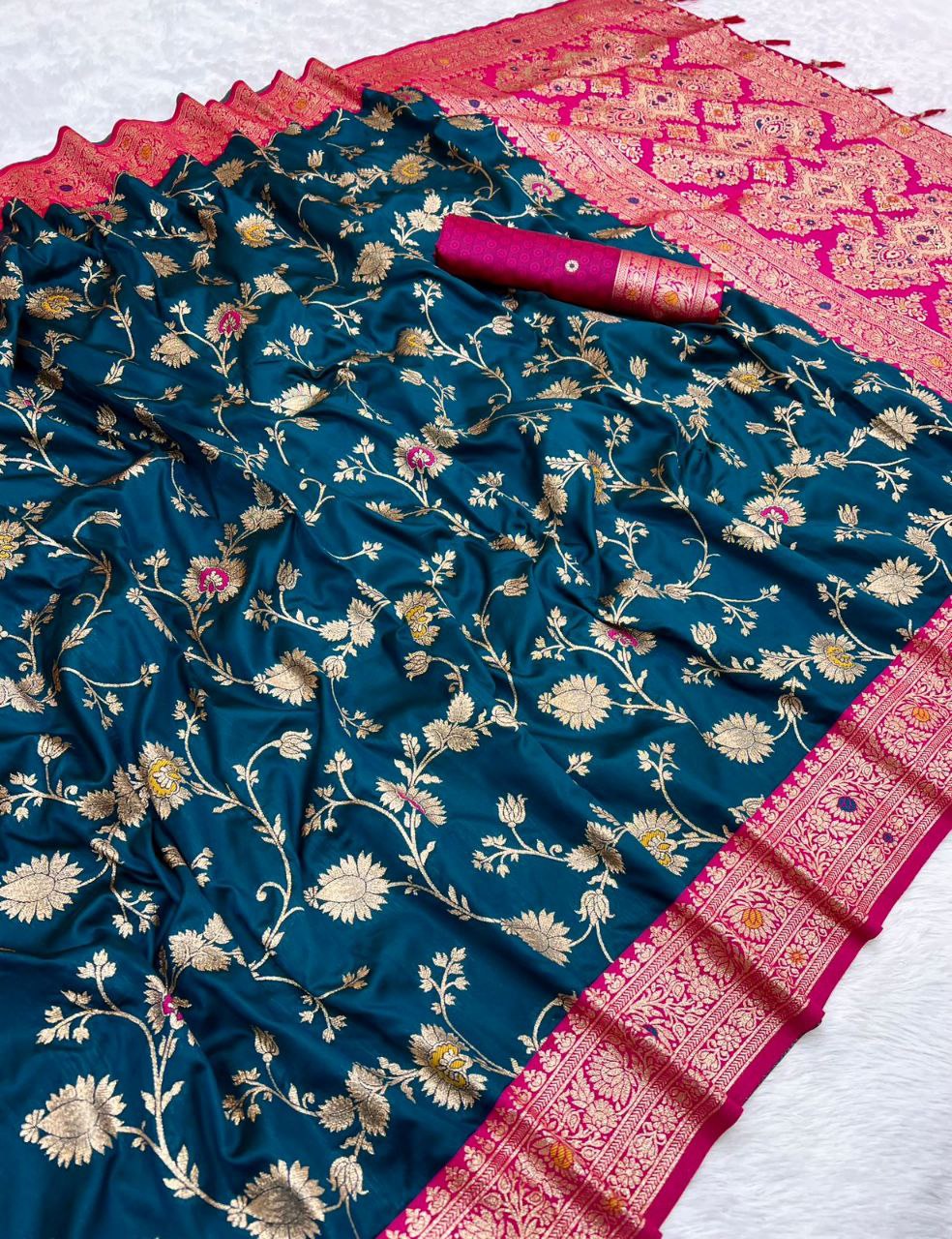 Mameraa Sarees Teal Blue Soft Silk Blend Saree With Zari Weaving Meenakari Design-Teal