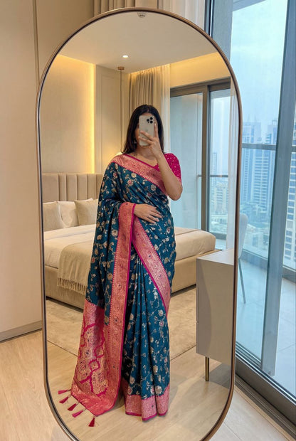 Mameraa Sarees Teal Blue Soft Silk Blend Saree With Zari Weaving Meenakari Design-Teal