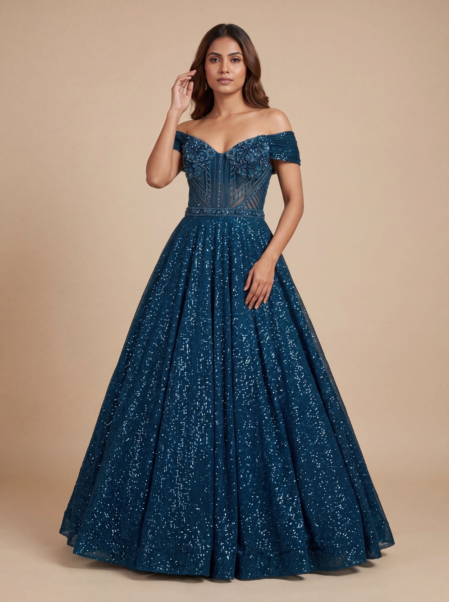 Teal Blue Contemporary Gown With Sparkling Volume Princess Charm