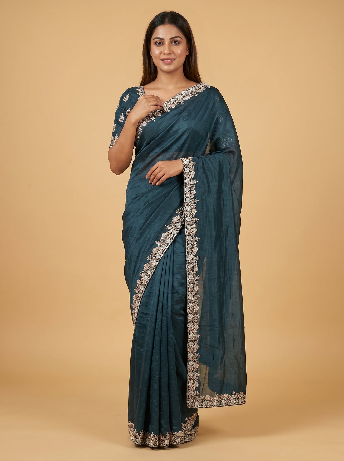 Teal Blue Ocean Depth Embroidered Saree