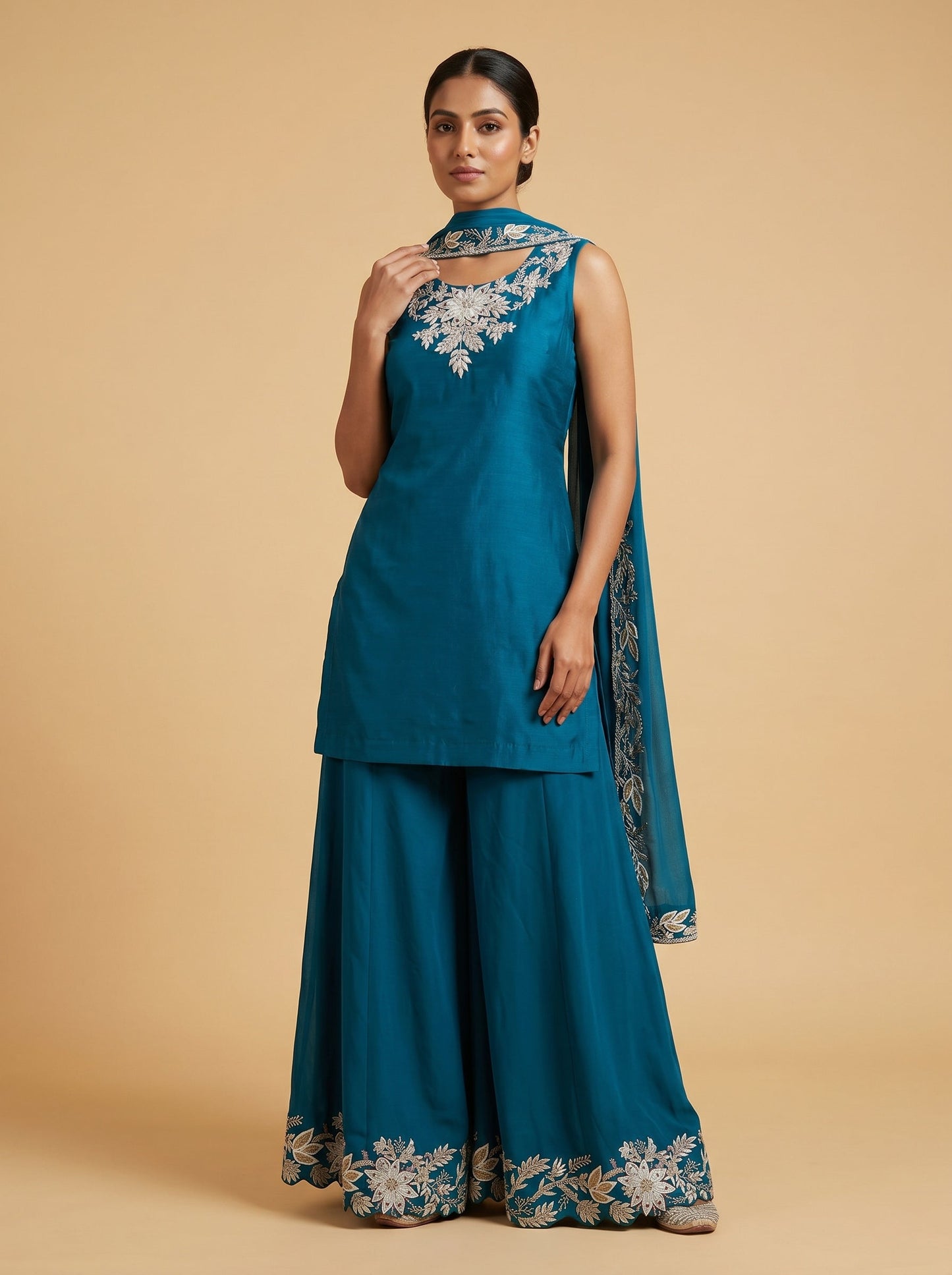 Teal Blue Silk Printed Dhoti Set