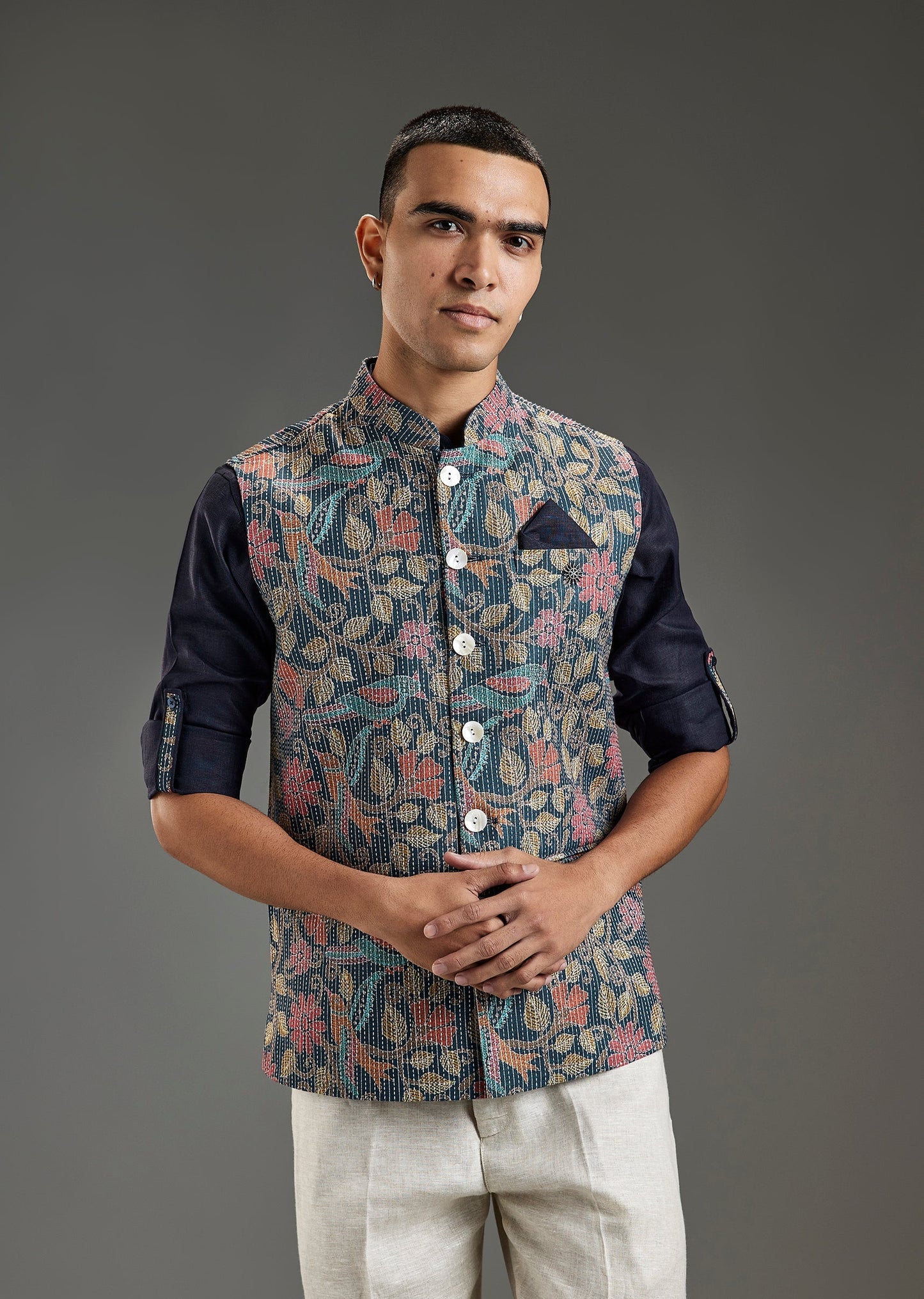 Teal Linen Blend Katha Print Kurta Jacket Set