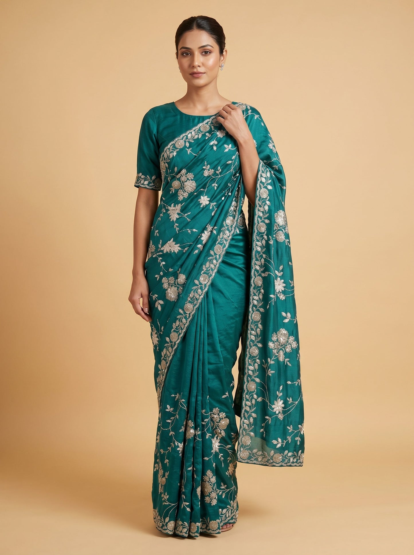 Teal Ocean Whisper Embroidered Saree