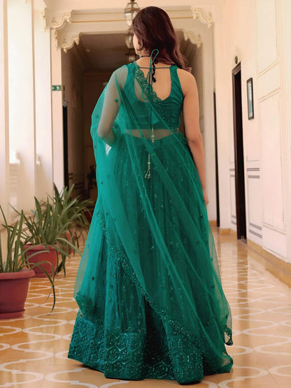 Tulsi Art Stunning Teal Green Soft Net Sequins Monochrome Lehenga Choli