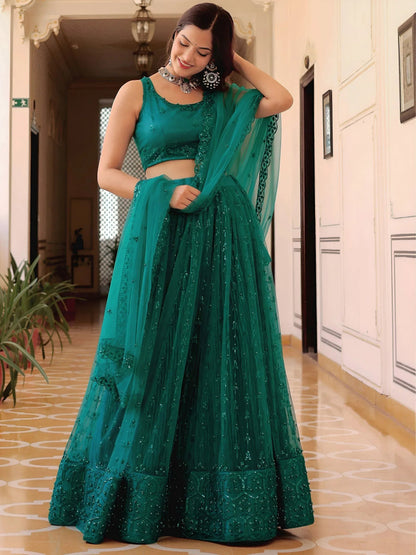Tulsi Art Stunning Teal Green Soft Net Sequins Monochrome Lehenga Choli