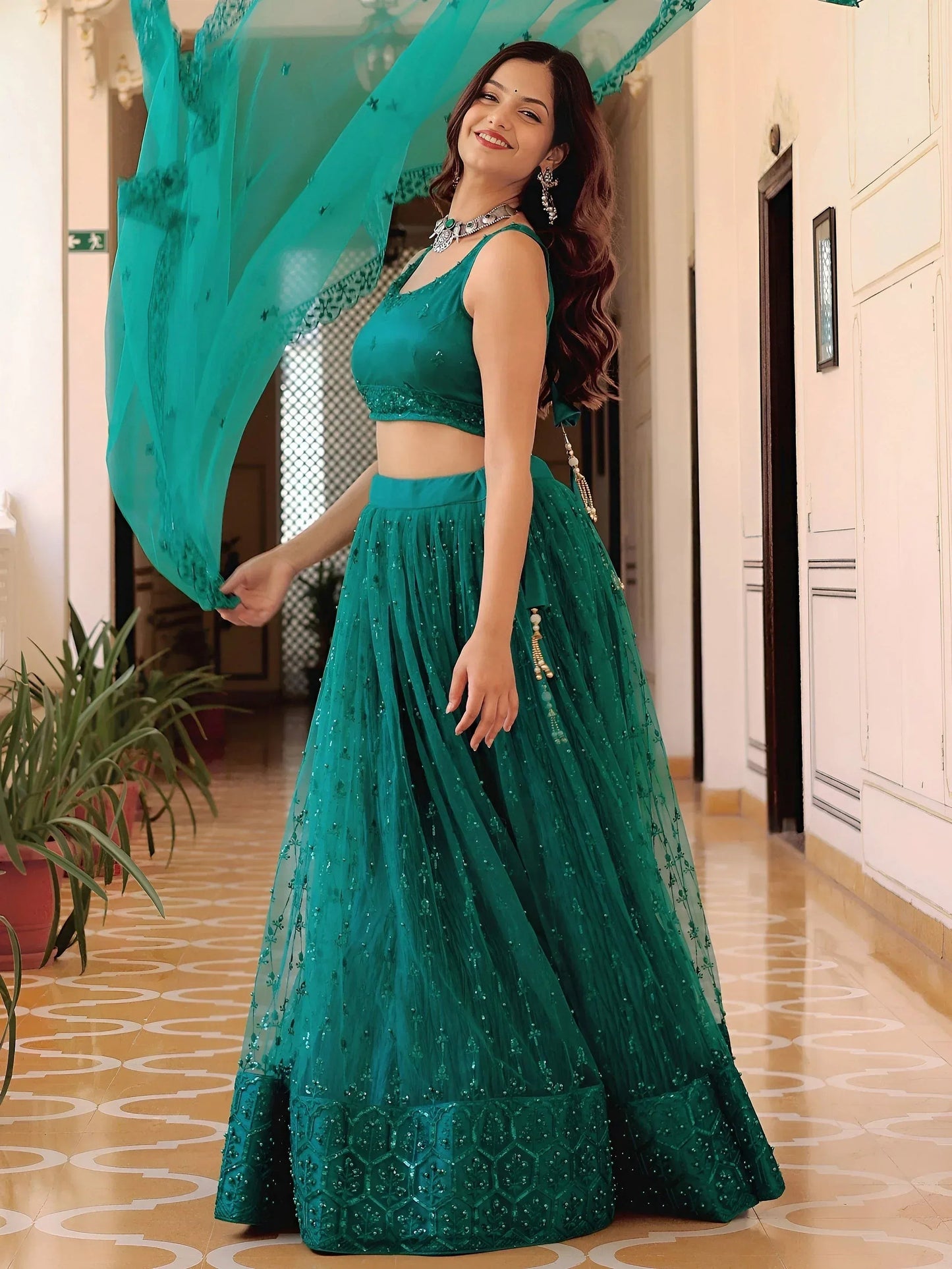 Tulsi Art Stunning Teal Green Soft Net Sequins Monochrome Lehenga Choli