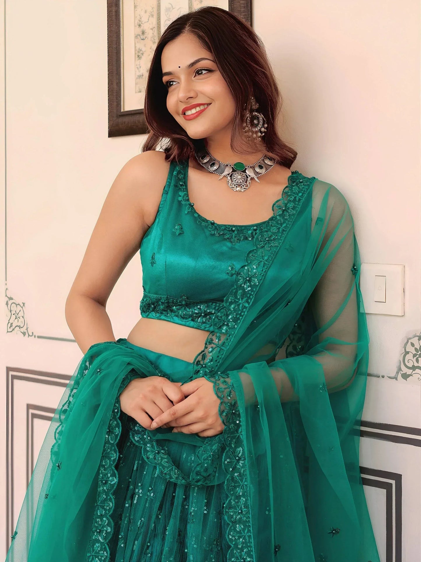 Tulsi Art Stunning Teal Green Soft Net Sequins Monochrome Lehenga Choli