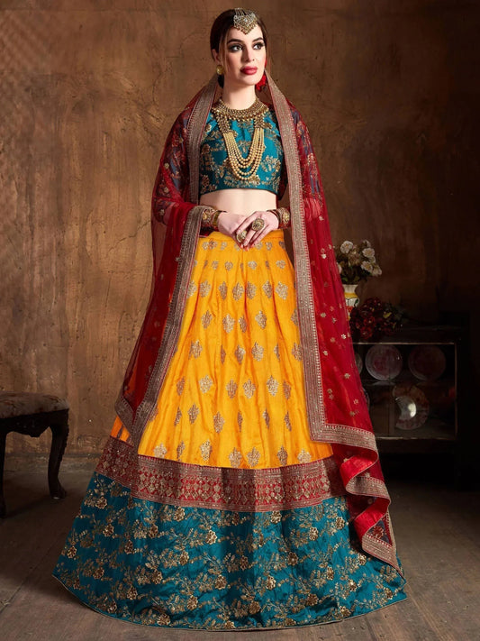 Tulsi Art Teal Green -Yellow Embroidery Banarasi Silk Bridal Lehenga Choli With Maroon Dupatta