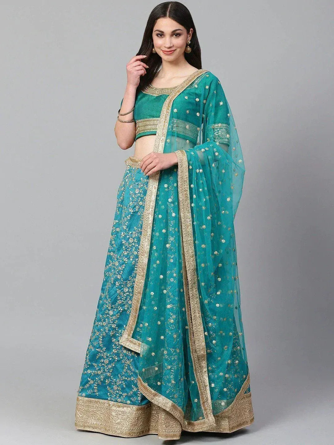 Tulsi Art Turquoise Blue Semi-Stitched Myntra Wedding Wear Lehenga & Unstitched Blouse With Dupatta