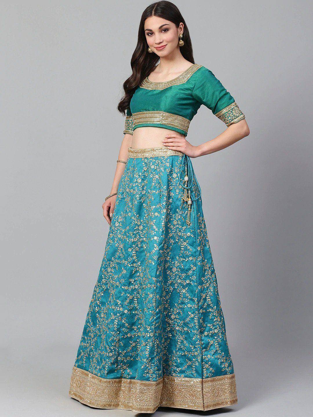 Tulsi Art Turquoise Blue Semi-Stitched Myntra Wedding Wear Lehenga & Unstitched Blouse With Dupatta