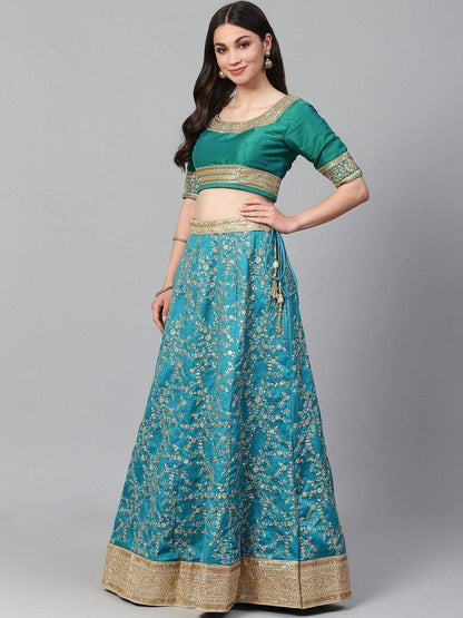 Tulsi Art Turquoise Blue Semi-Stitched Myntra Wedding Wear Lehenga & Unstitched Blouse With Dupatta
