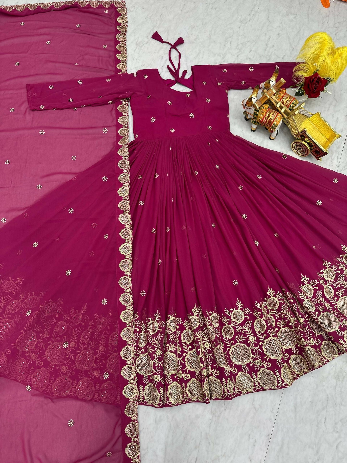 Teeya Creation Womens Wedding Wear Heavy Sequence Embroidery Work Pink Gown Set