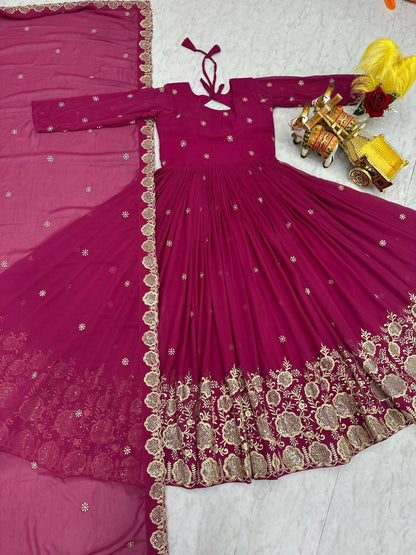 Teeya Creation Womens Wedding Wear Heavy Sequence Embroidery Work Pink Gown Set