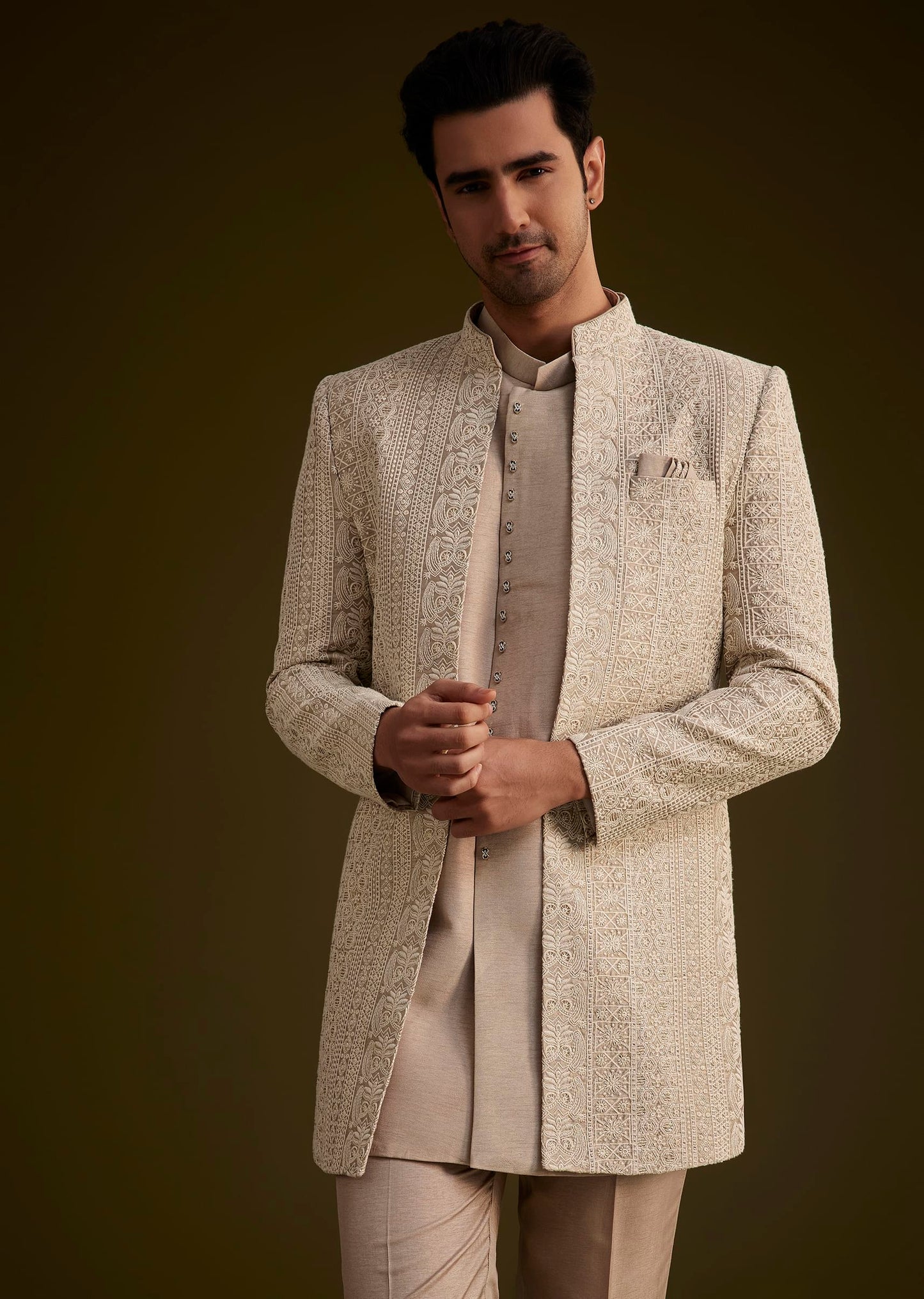 Brown Silk Open Style Sherwani Set With Resham Thread Work