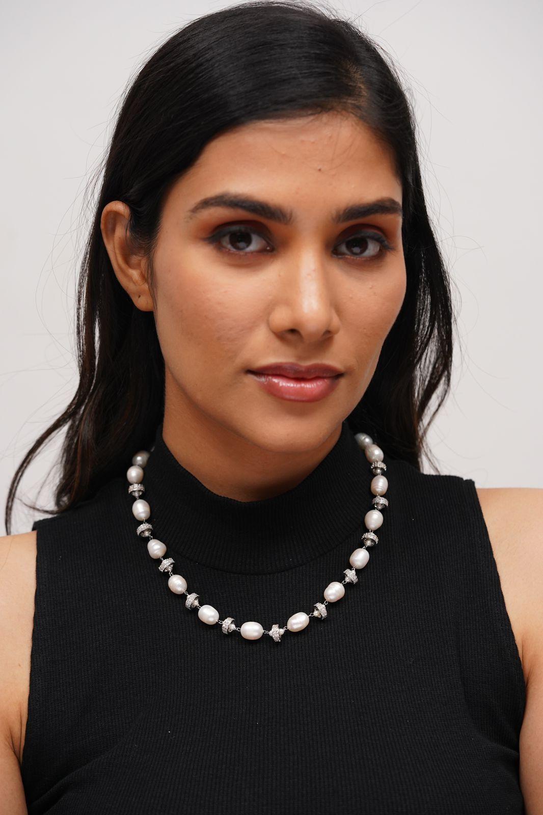 Tira Rich Baroque Pearl Diamond Rim Necklace