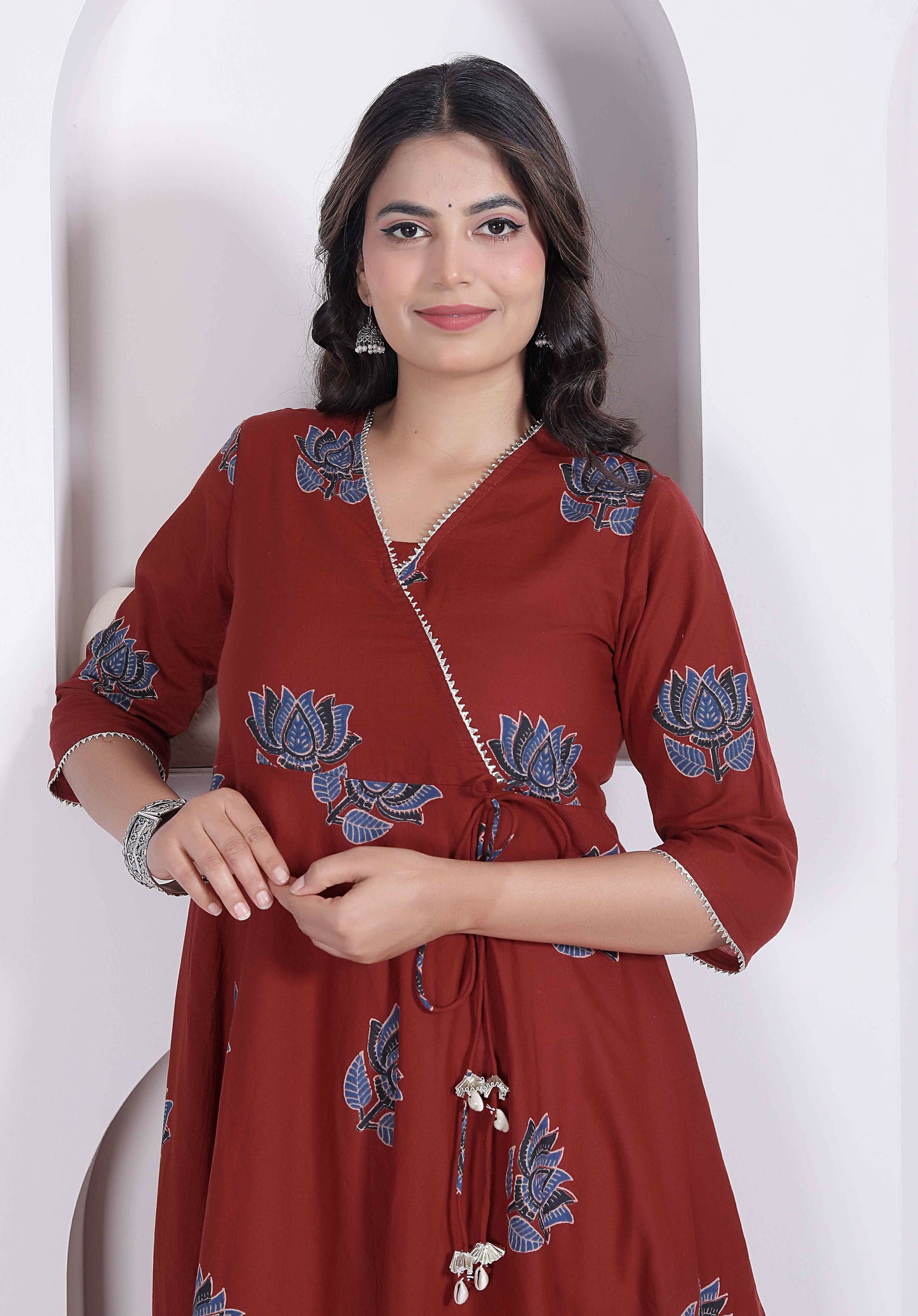 Miravan Womens Rust Floral Printed Pure Cotton Gota Patti Angrakha Kurta
