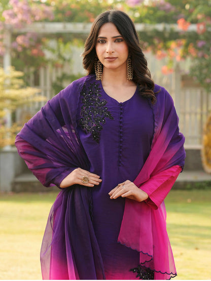 Nikhaar Dark Purple Embroidered Art Silk Stitched Straight Cut Kurta Pants Dupatta Readymade Suit
