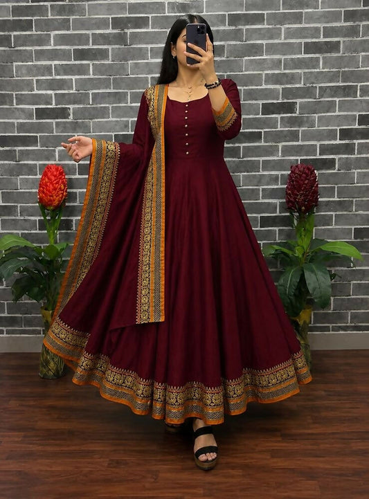 Teeya Creation New Trendy Stylish Maroon Solid Anarkali Kurta with Traditional Golden Border Dupatta Set