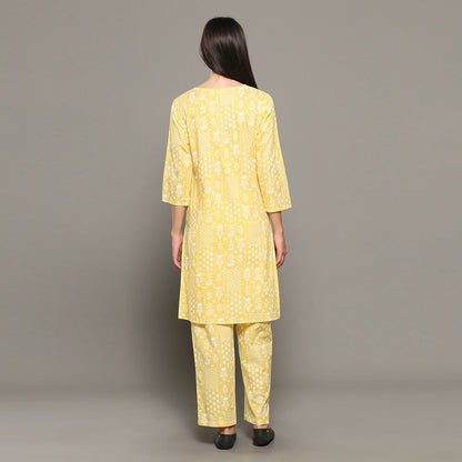 Breathables Women Cotton Printed Loungewear Kurta And Pants Co-Ord Set Yellow I Nightwear | Abstract Print
