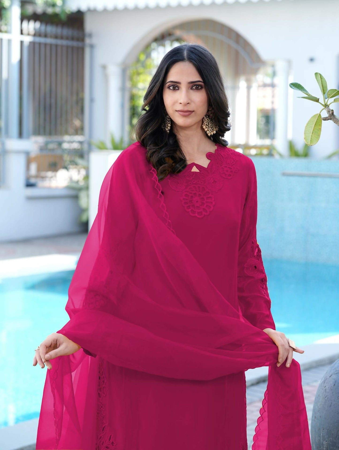 Nikhaar Magenta Embroidered Art Silk Stitched Straight Cut Kurta Pants Dupatta Readymade Suit