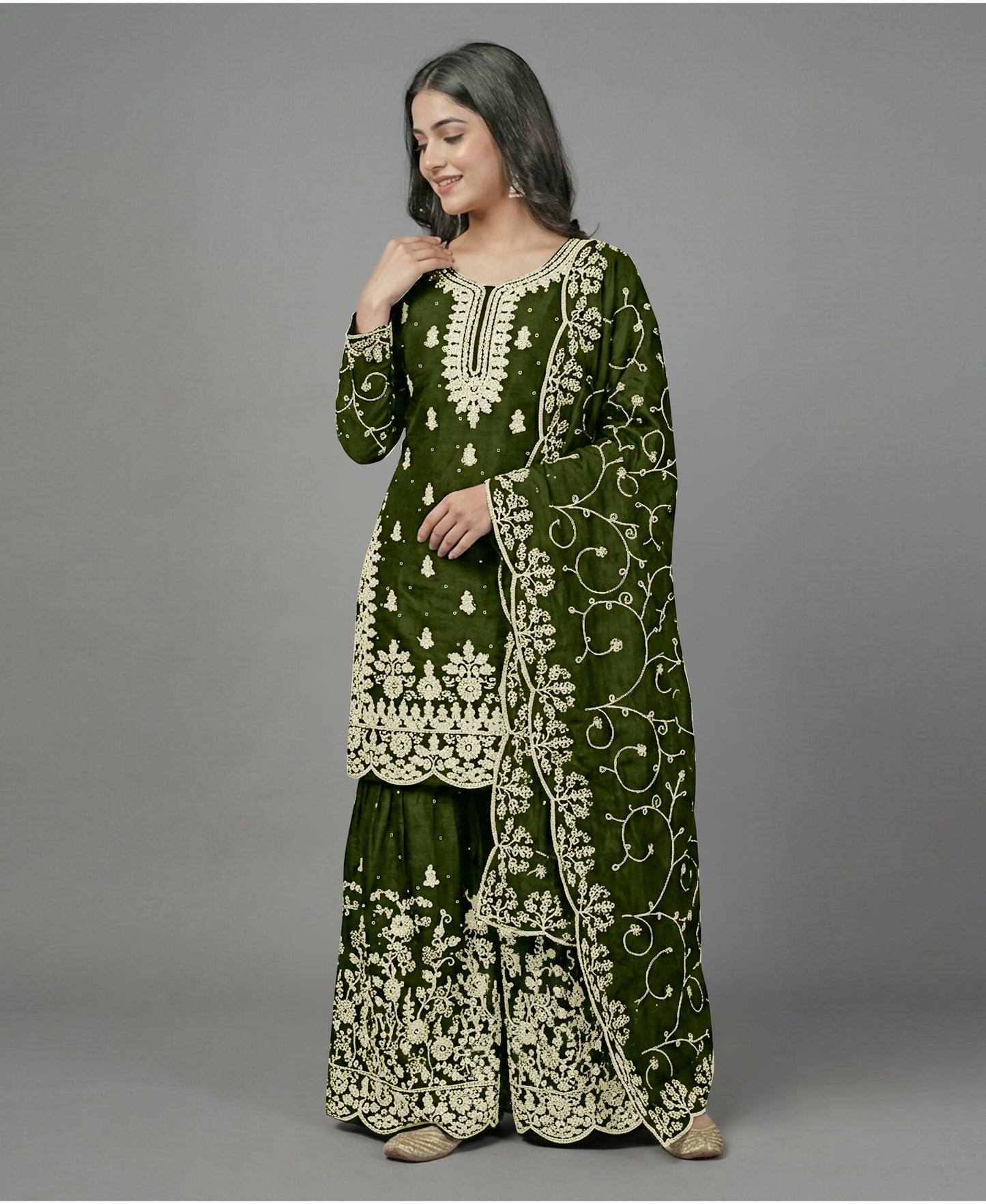 Teeya Creation Womens New Trendy Pure Gmy Silk With Heavy Embroidery Sequence Work Mehendi Kurta Set