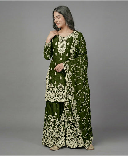 Teeya Creation Womens New Trendy Pure Gmy Silk With Heavy Embroidery Sequence Work Mehendi Kurta Set