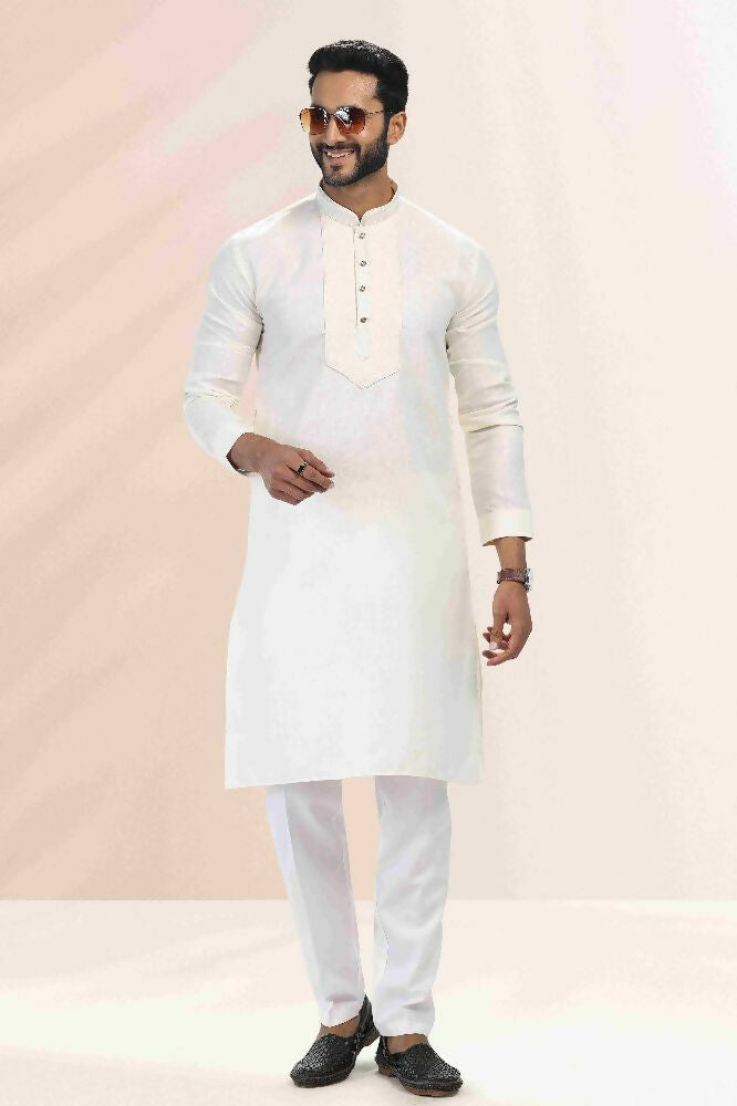Raivat Ethnic Linen Cotton Pintux Work Kurta Pajama In Cream Colour