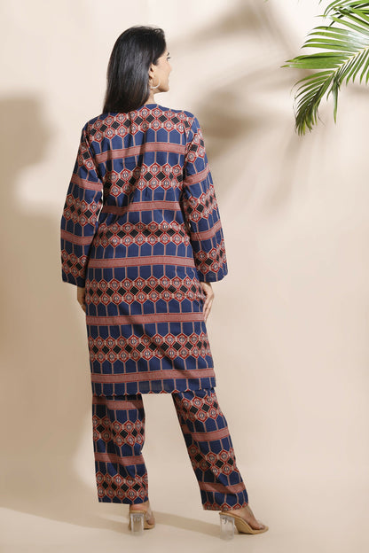 Breathables Women'S Blue Cotton Abstract Print Loungewear Co-Ord Set  Long Kurta & Pants