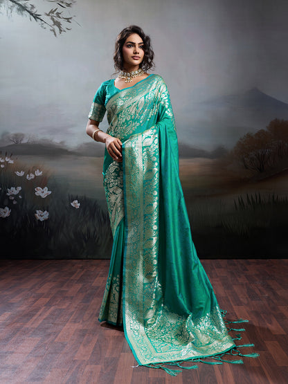 Anaita Turquoise Silk Blend Woven Saree With Blouse