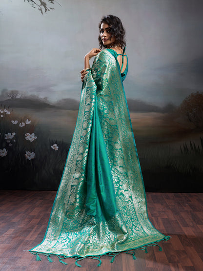 Anaita Turquoise Silk Blend Woven Saree With Blouse