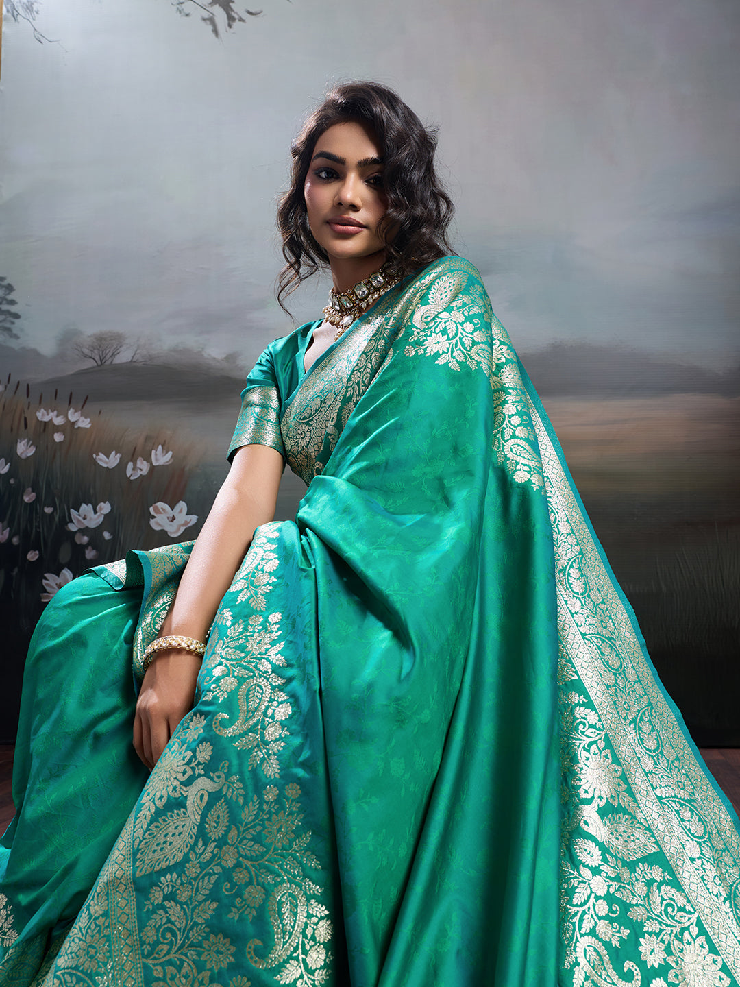 Anaita Turquoise Silk Blend Woven Saree With Blouse