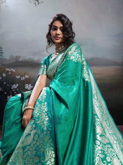 Anaita Turquoise Silk Blend Woven Saree With Blouse