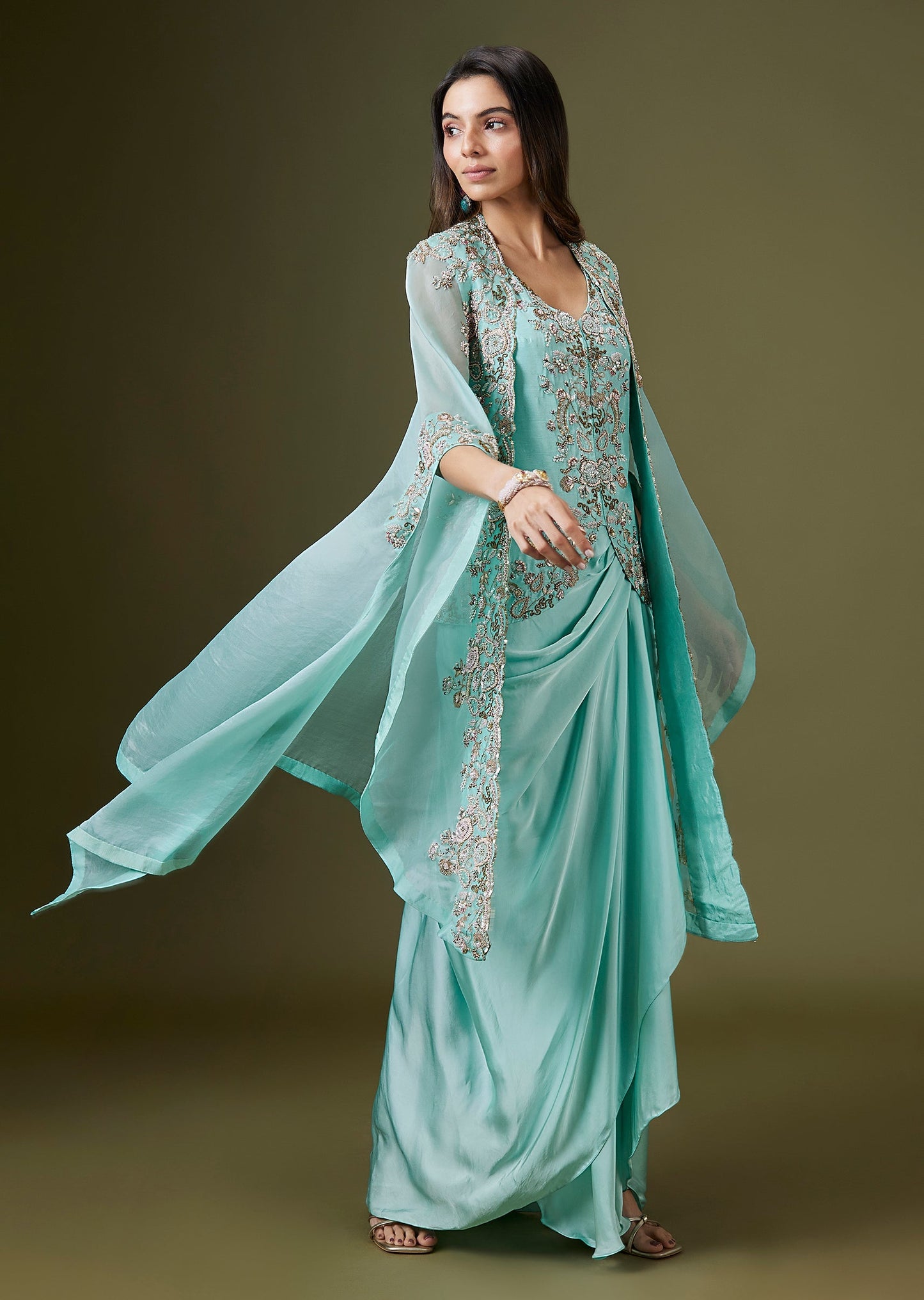 Turquoise Embroidered Cape Skirt Set