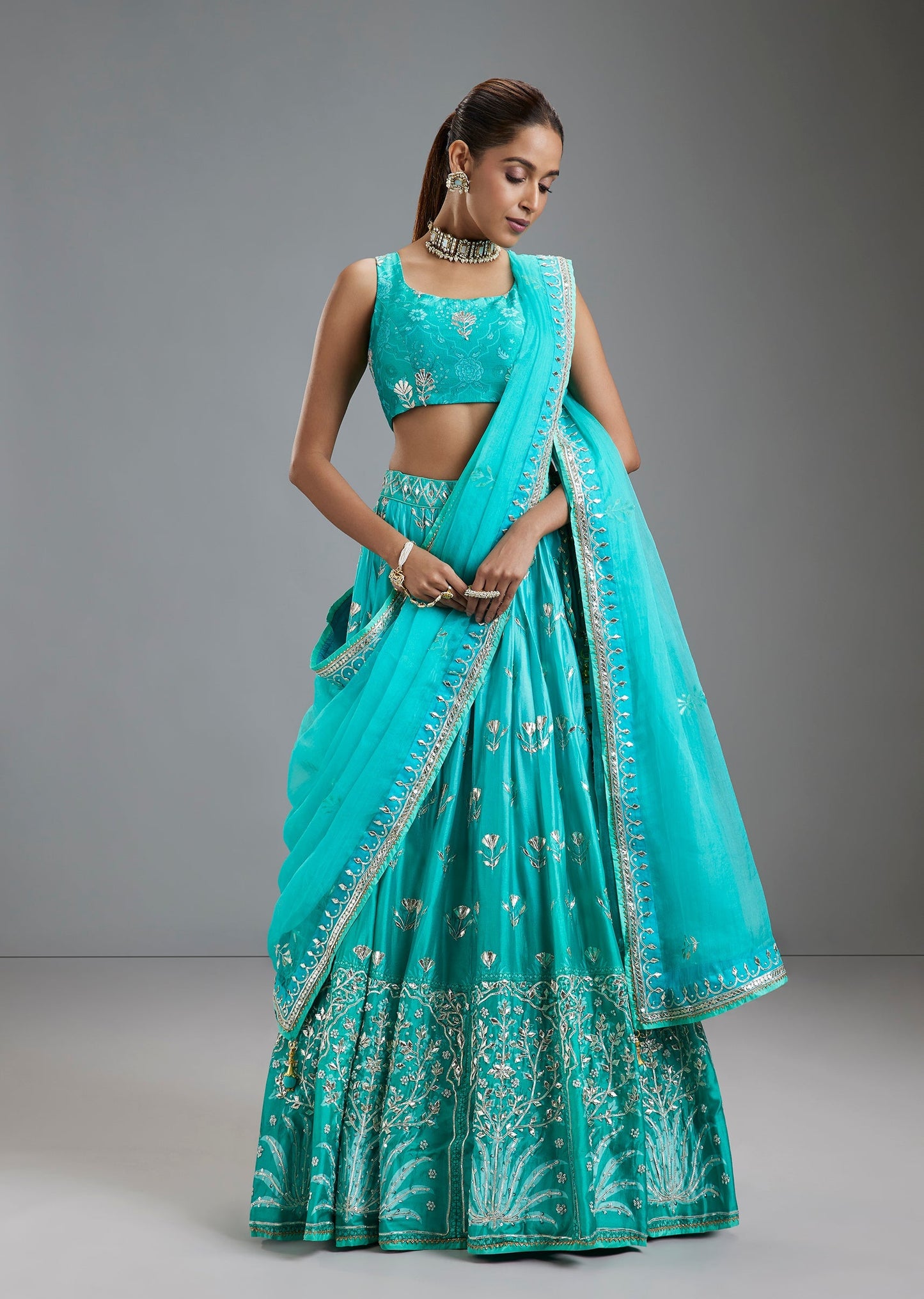 Turquoise Russian Silk Ombre Lehenga With Printed Choli And Gotta Work