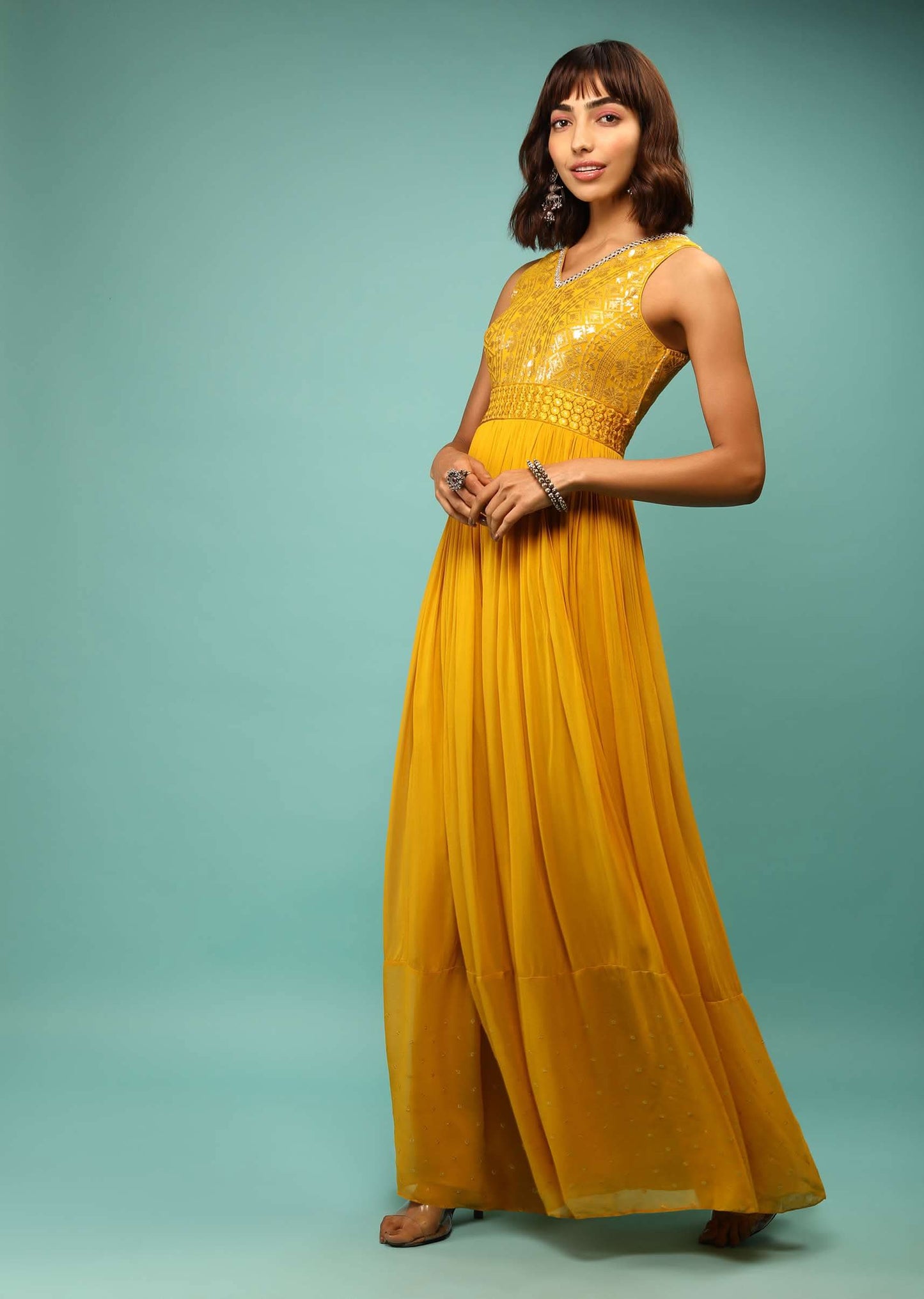 Tuscan Yellow Jumpsuit In Georgette With Sequins Embroidered Bodice And Pear Edged V Neckline