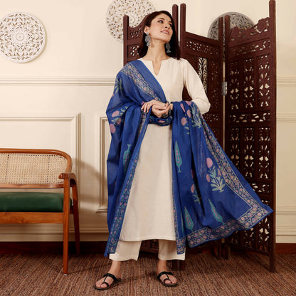 The52 Women's Gorgeous Solid Chanderi Silk Fabric Straight Kurta Pant and Dupatta Set-Off White