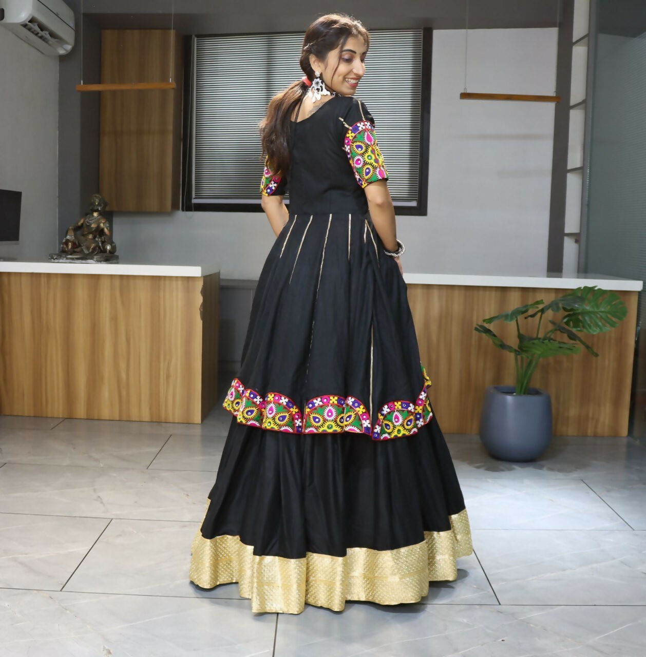 Yash Enterprise Black Rayon Cotton Embroidery Semi Stitched Navratri Top Chaniya Choli