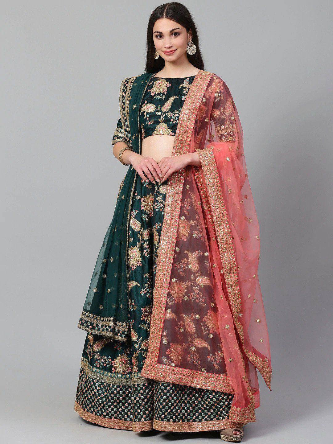 Tulsi Art Green Semi-Stitched Myntra Lehenga & Unstitched Blouse With 2 Dupattas
