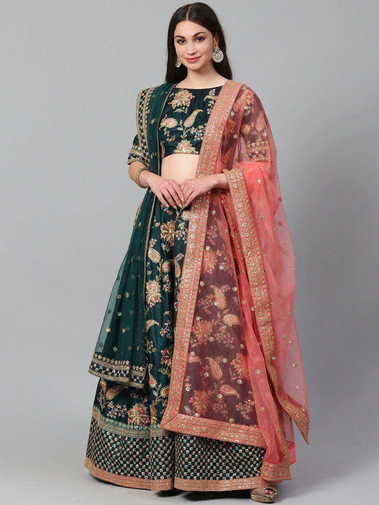 Tulsi Art Green Semi-Stitched Myntra Lehenga & Unstitched Blouse With 2 Dupattas
