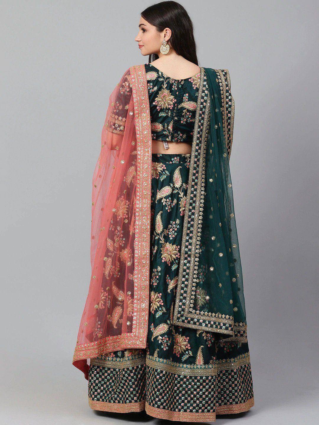 Tulsi Art Green Semi-Stitched Myntra Lehenga & Unstitched Blouse With 2 Dupattas