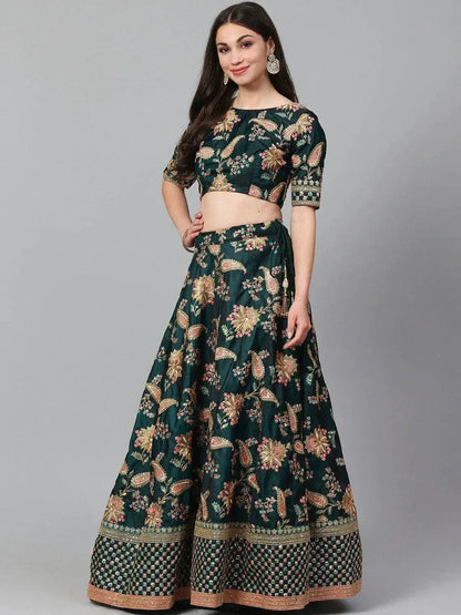 Tulsi Art Green Semi-Stitched Myntra Lehenga & Unstitched Blouse With 2 Dupattas