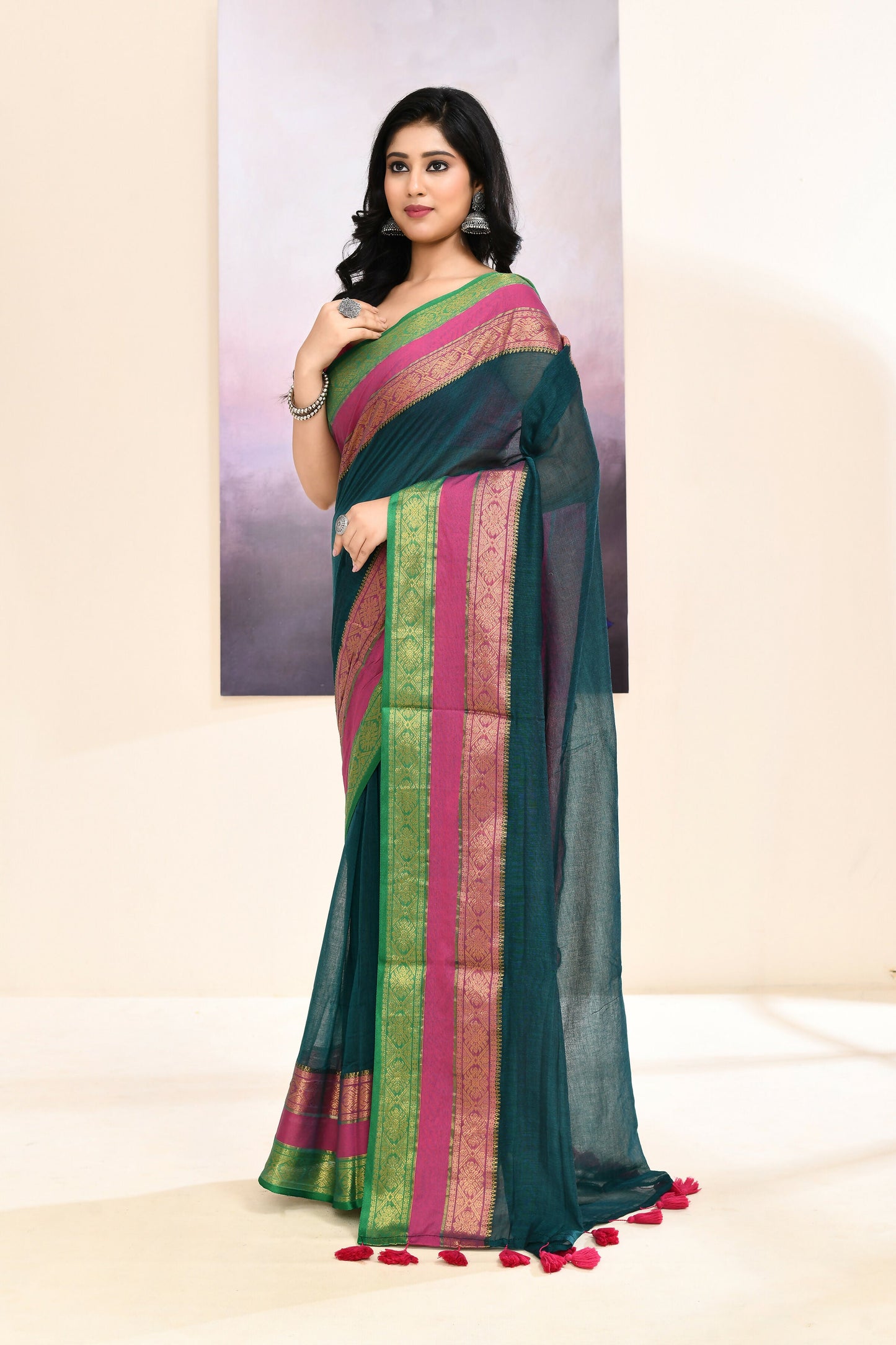 Piyari Fashion Women's Teal Embellished Zari Border Cotton Saree